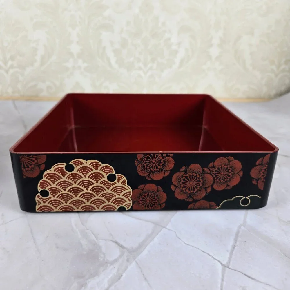 Vintage MMA Japanese Tiered Stacking Box Lacquered Red Black Gold Floral 1992
